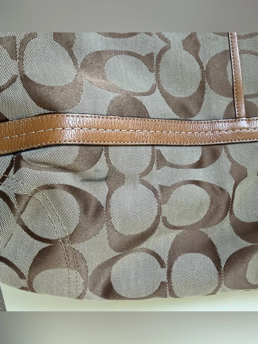 Coach Y2K Bag Tote Purse Signature Jacquard Tote Khaki Brown Leather